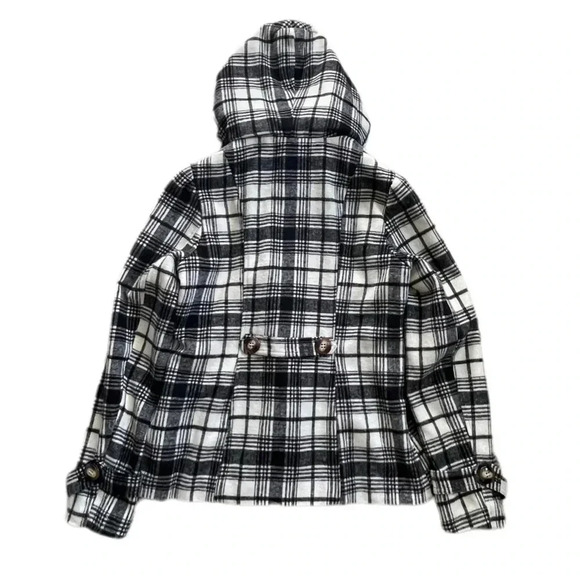 Pink Envelope Plaid Hooded Button Down Black and White Peacoat Junior’s Large - Picture 2 of 13